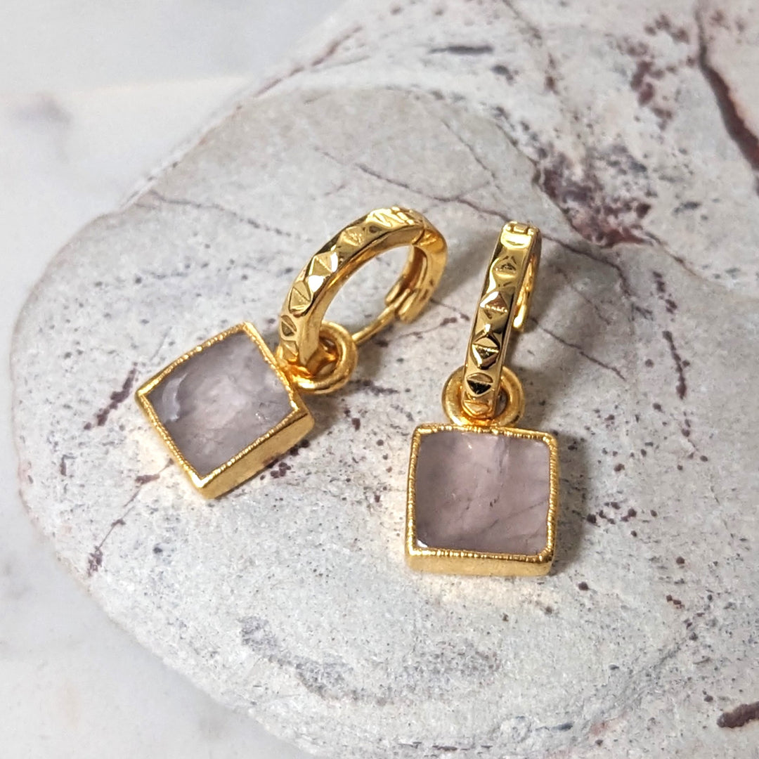 gold plated rose quartz square charm hoop earrings