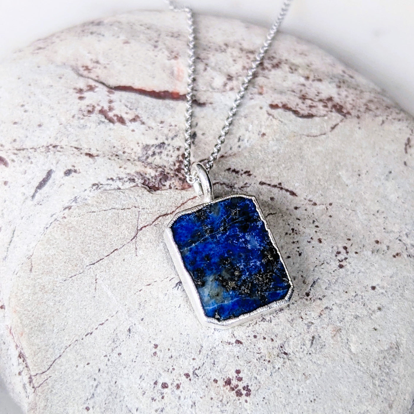 The Rectangle Lapis Lazuli Gemstone Necklace - Sterling Silver