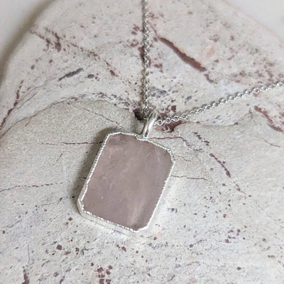 silver rose quartz rectangular pendant necklace