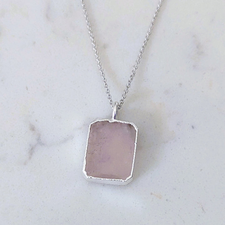 silver rose quartz rectangular pendant necklace