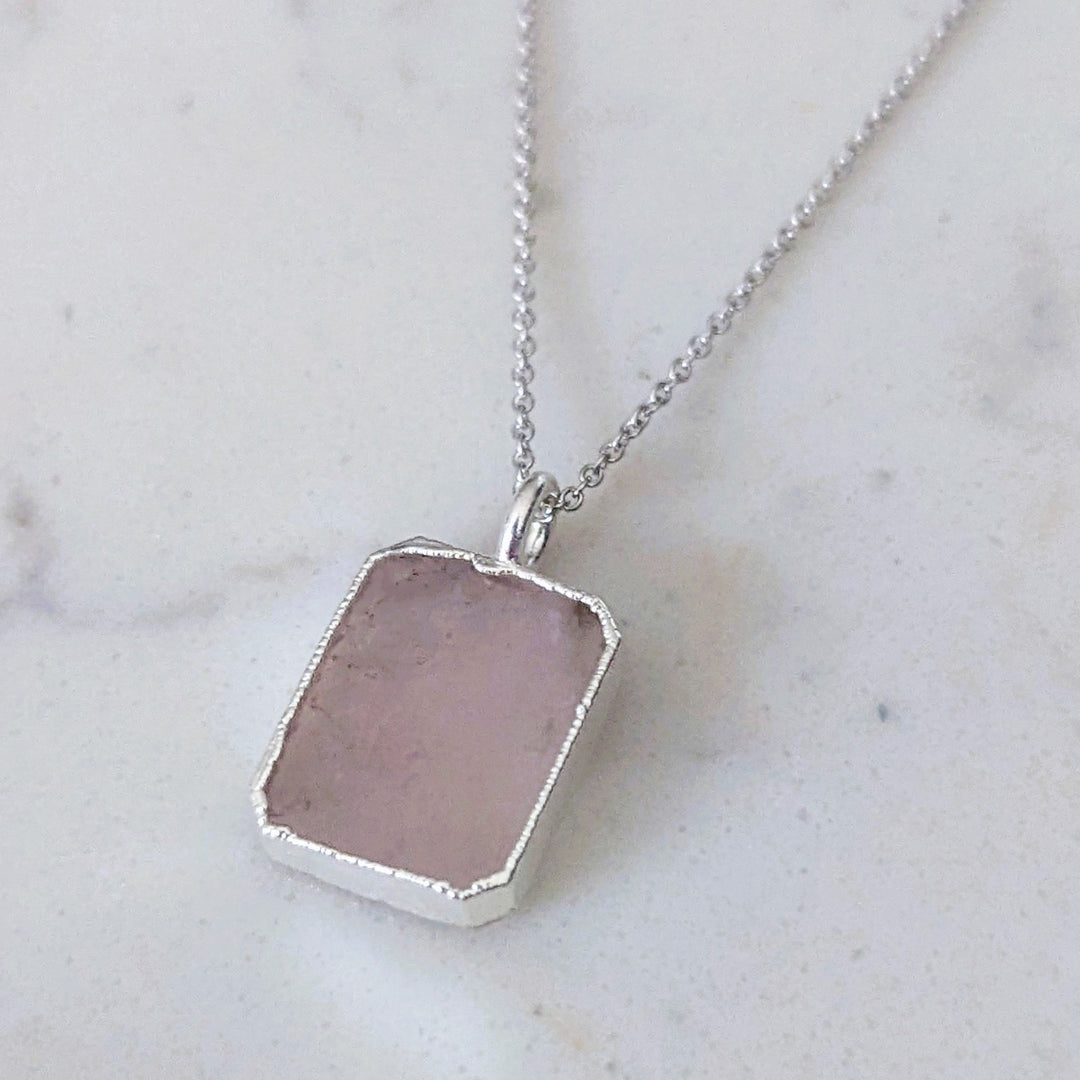 silver rose quartz rectangular pendant necklace