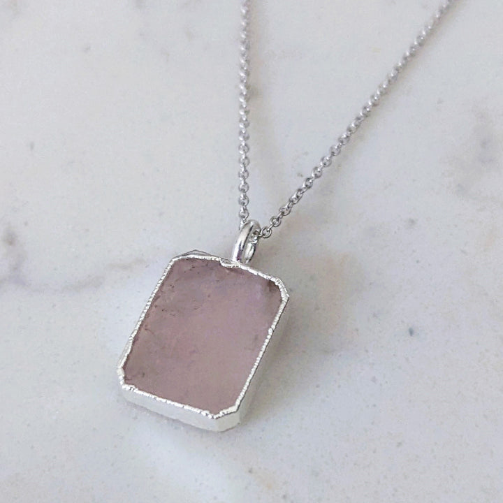 silver rose quartz rectangular pendant necklace
