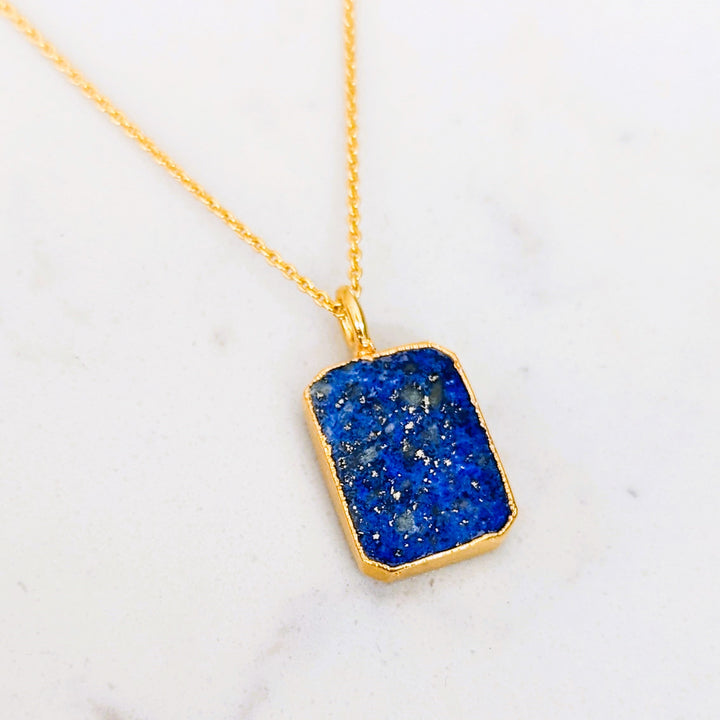 gold rectanglar lapis lazuli pendant necklace