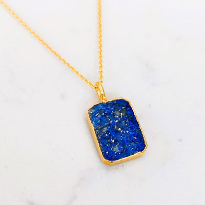 gold rectanglar lapis lazuli pendant necklace