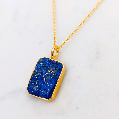 gold rectanglar lapis lazuli pendant necklace