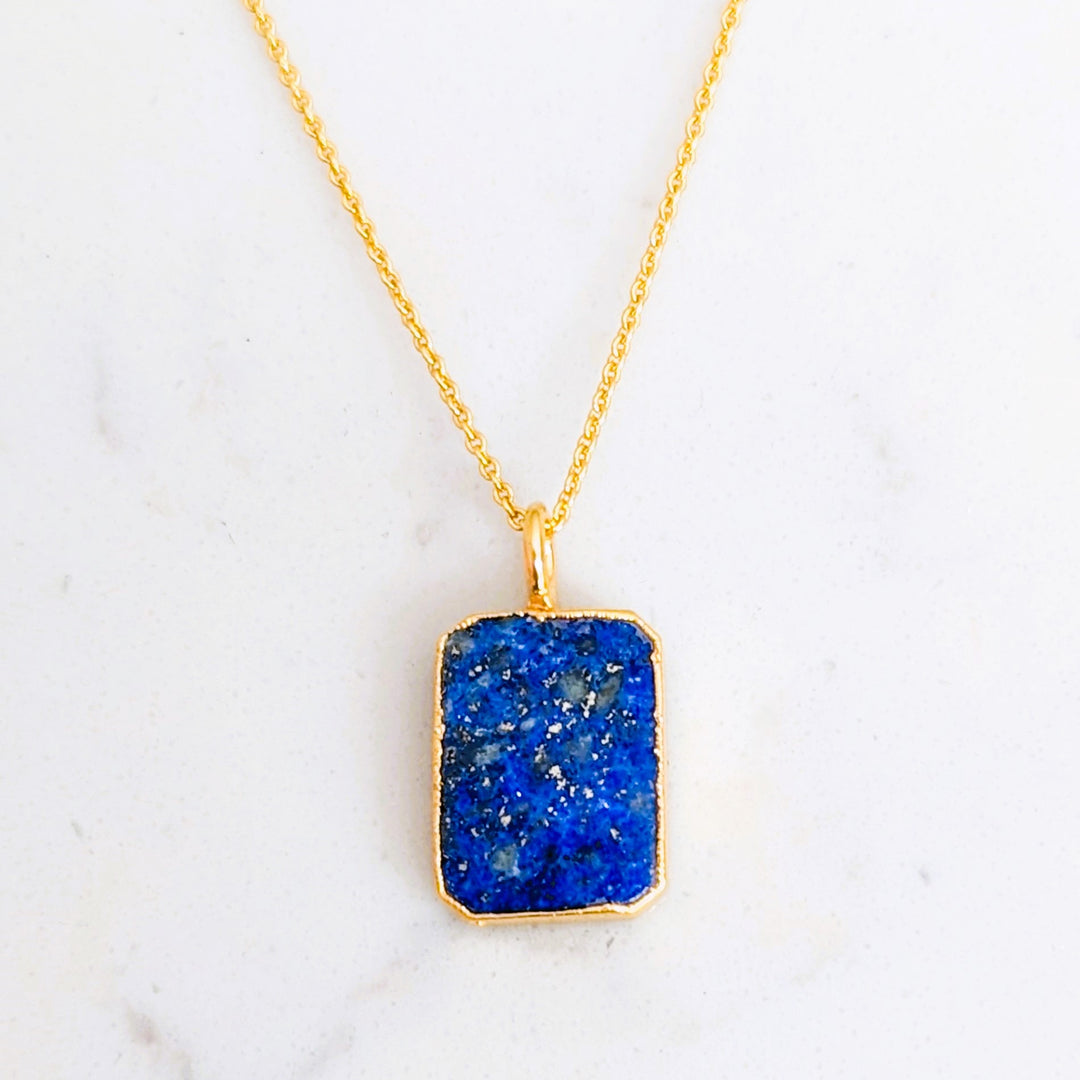 gold rectanglar lapis lazuli pendant necklace