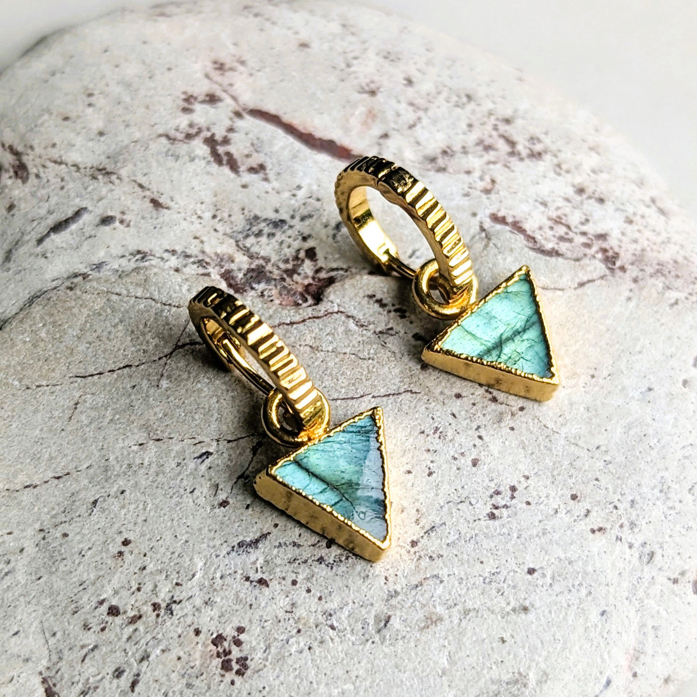 gold plated labradorite triangular charm hoop earrings