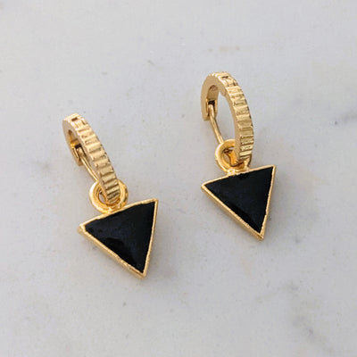 gold black onyx triangular charm hoop earrings