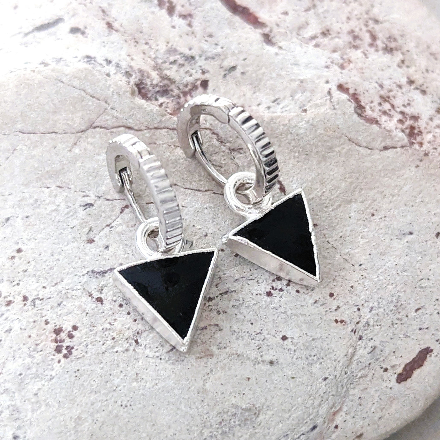 The Triangle Black Onyx Gemstone Hoop Earrings - Sterling Silver