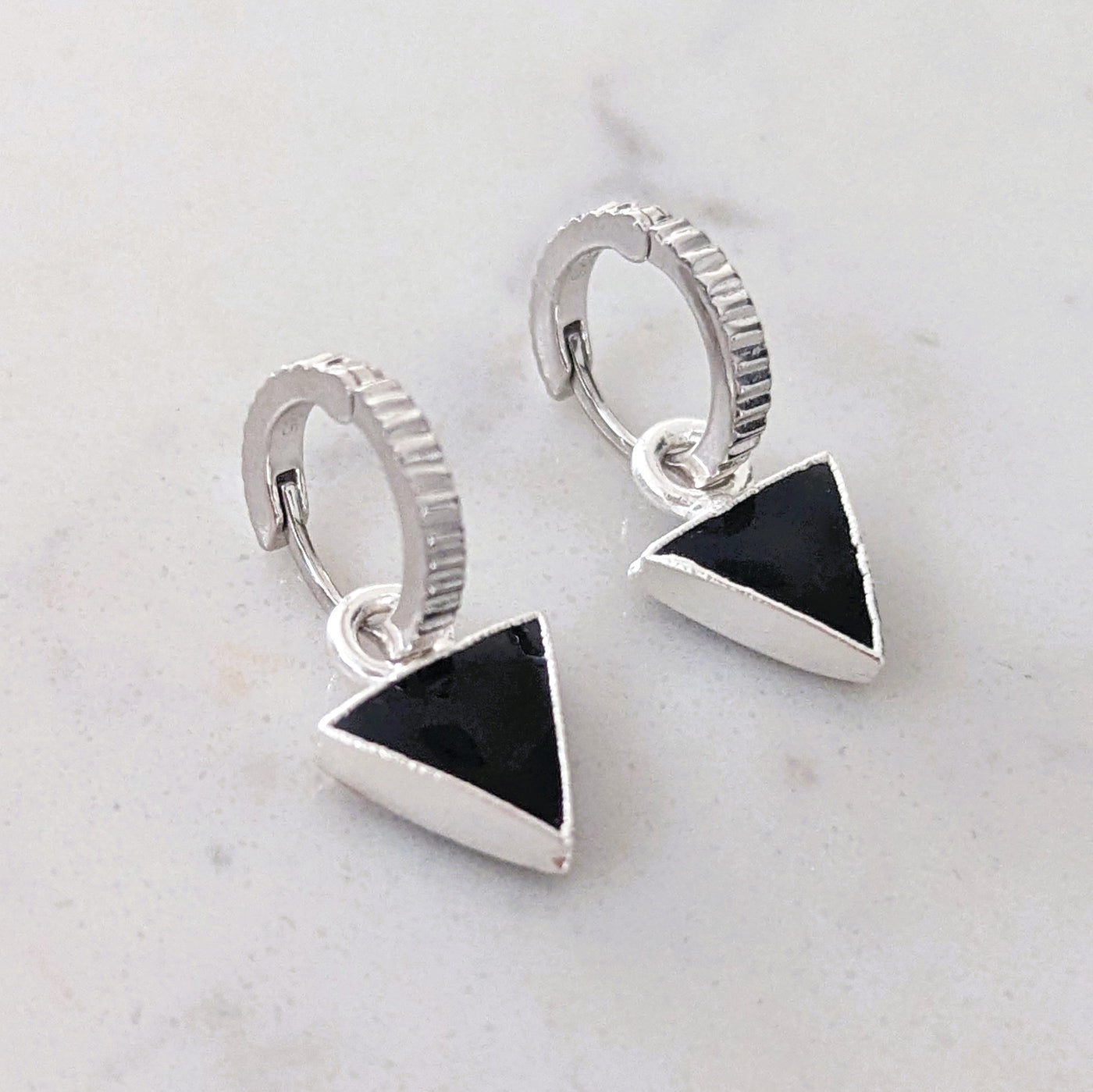 The Triangle Black Onyx Gemstone Hoop Earrings - Sterling Silver