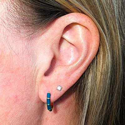 gold and teal enamel hoop huggie earrings