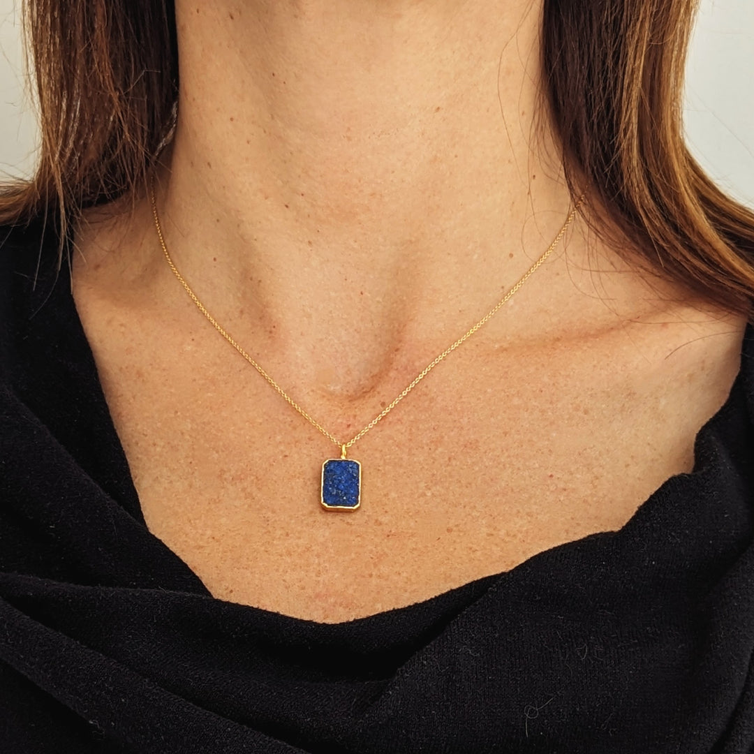 gold rectanglar lapis lazuli pendant necklace
