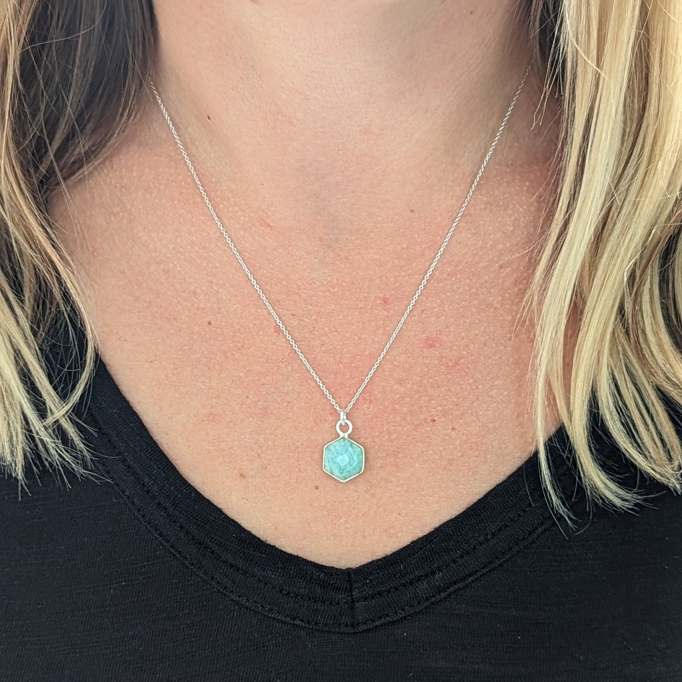 The Hexagon Amazonite Gemstone Necklace - Sterling Silver