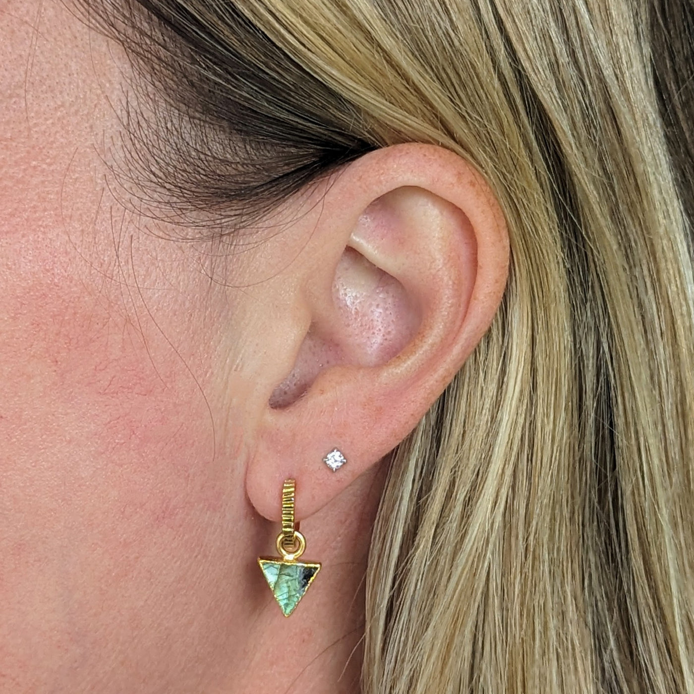 gold plated labradorite triangular charm hoop earrings