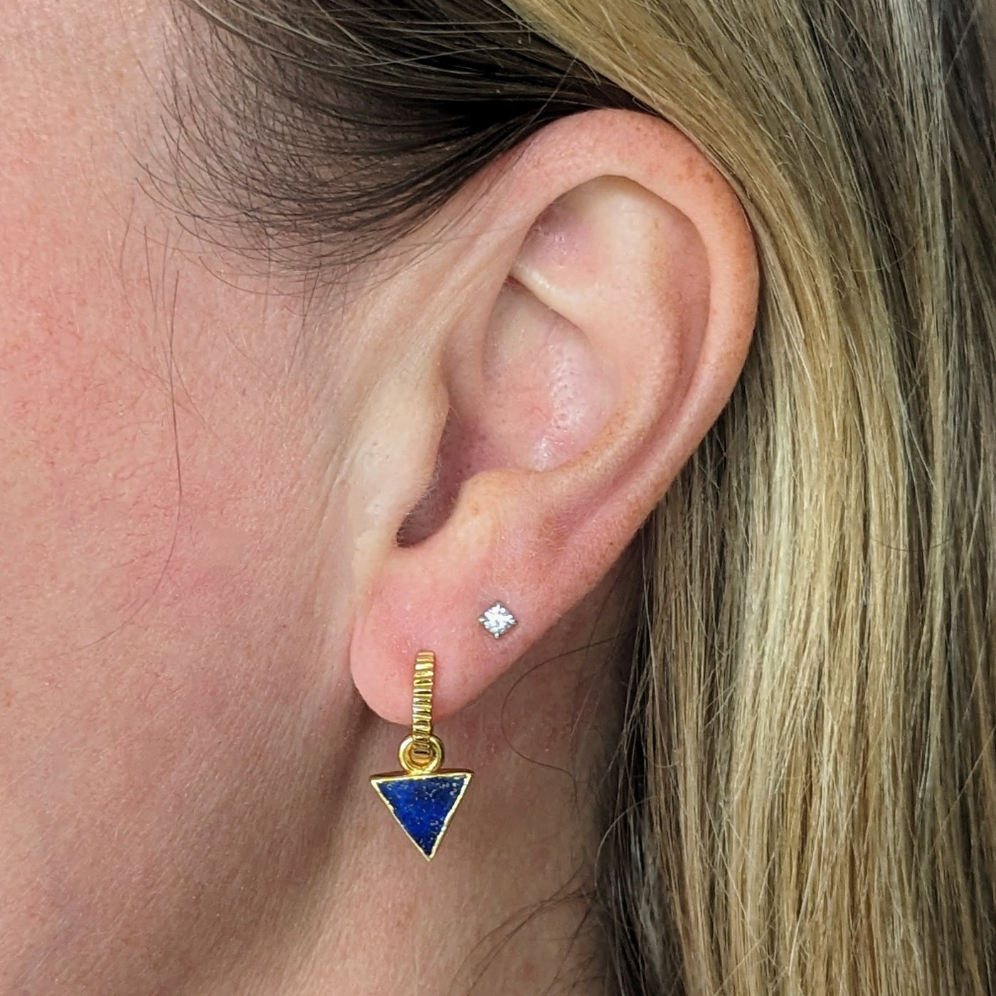 Lapis Lazuli gold plated triangular charm hoop earrings
