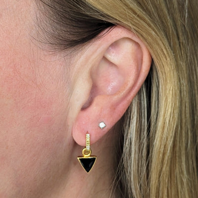 gold black onyx triangular charm hoop earrings