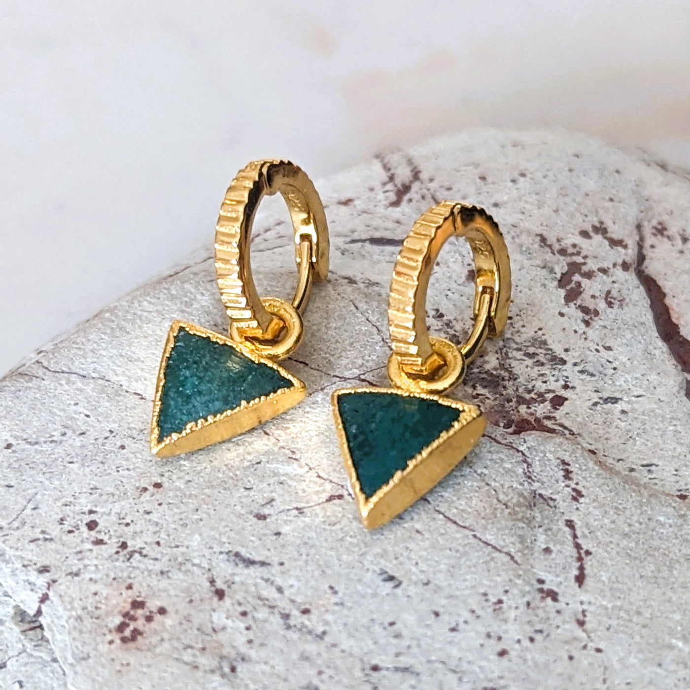 Gold plated green aventurine triangle charm hoop earrings