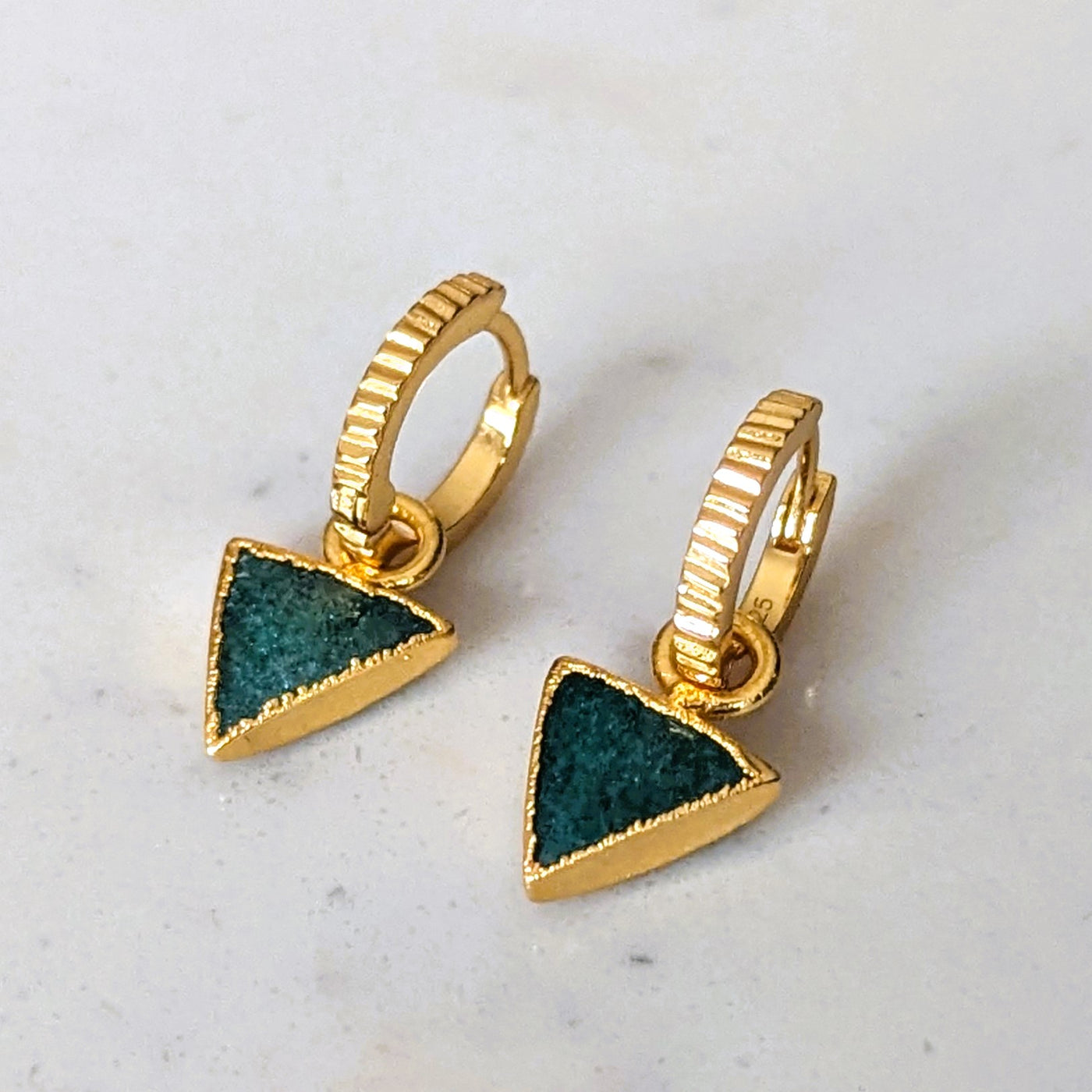 Gold plated green aventurine triangle charm hoop earrings