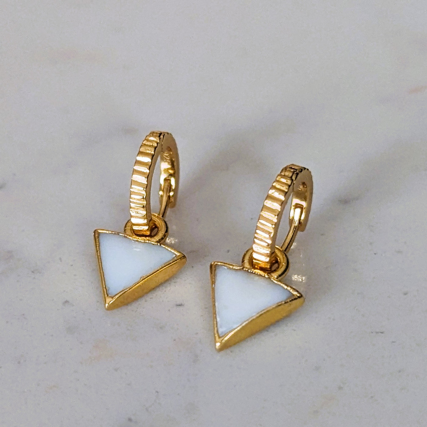 mother of pearl gold plated triangle charm hoop earrings