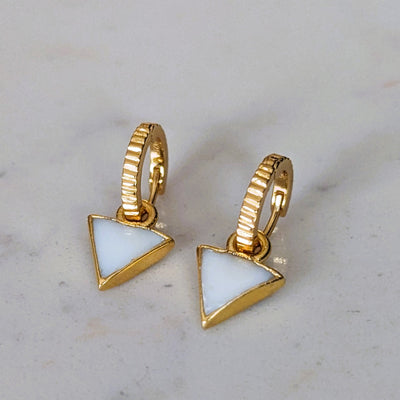 mother of pearl gold plated triangle charm hoop earrings