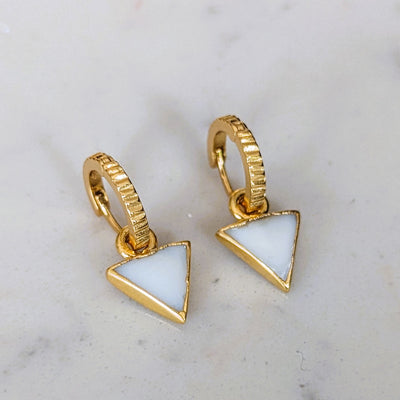 mother of pearl gold plated triangle charm hoop earrings