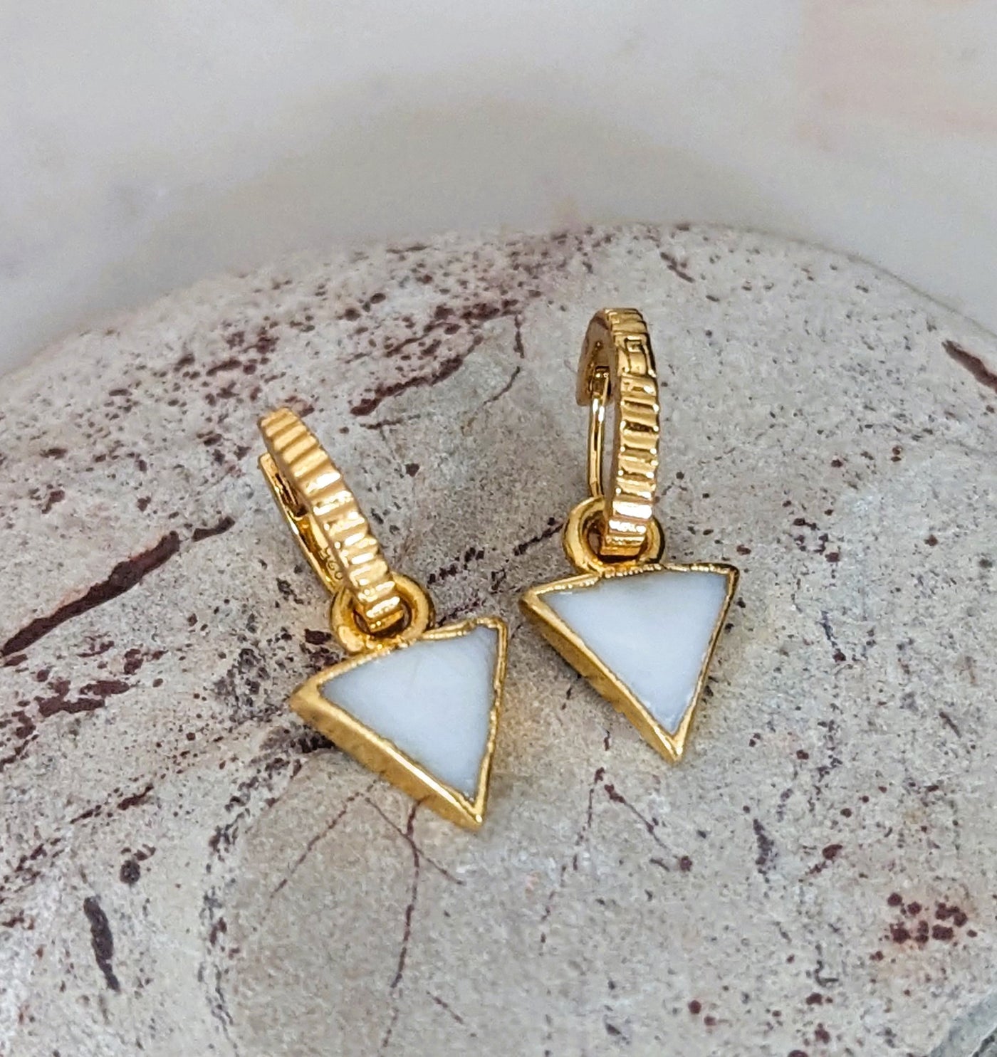 mother of pearl gold plated triangle charm hoop earrings