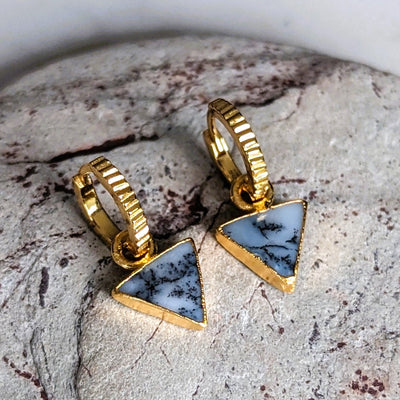 gold plated dendritic agate triangle charm hoop earrings