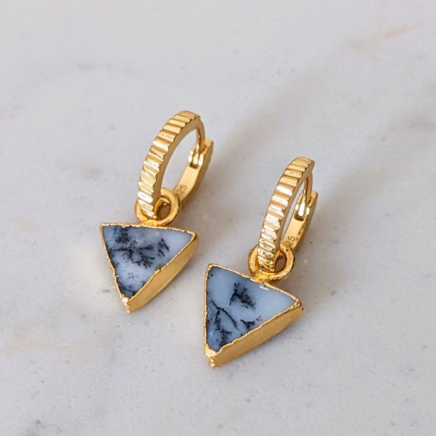 gold plated dendritic agate triangle charm hoop earrings