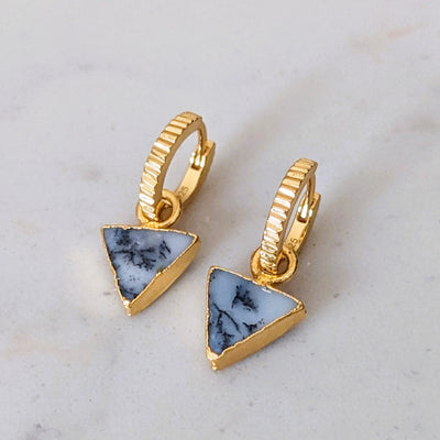 gold plated dendritic agate triangle charm hoop earrings