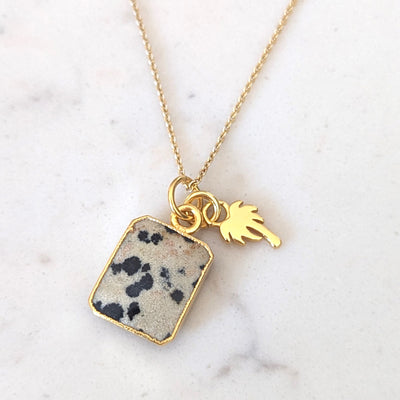 Gold dalmatian jasper and palm tree charm necklace