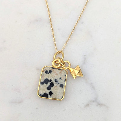 Gold dalmatian jasper and tetrahedron charm necklace