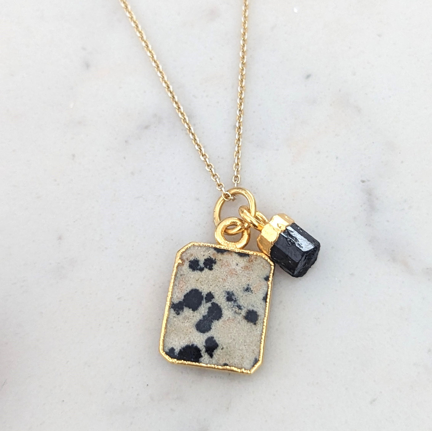 Dalmatian Jasper and Black Tourmaline gold plated necklace