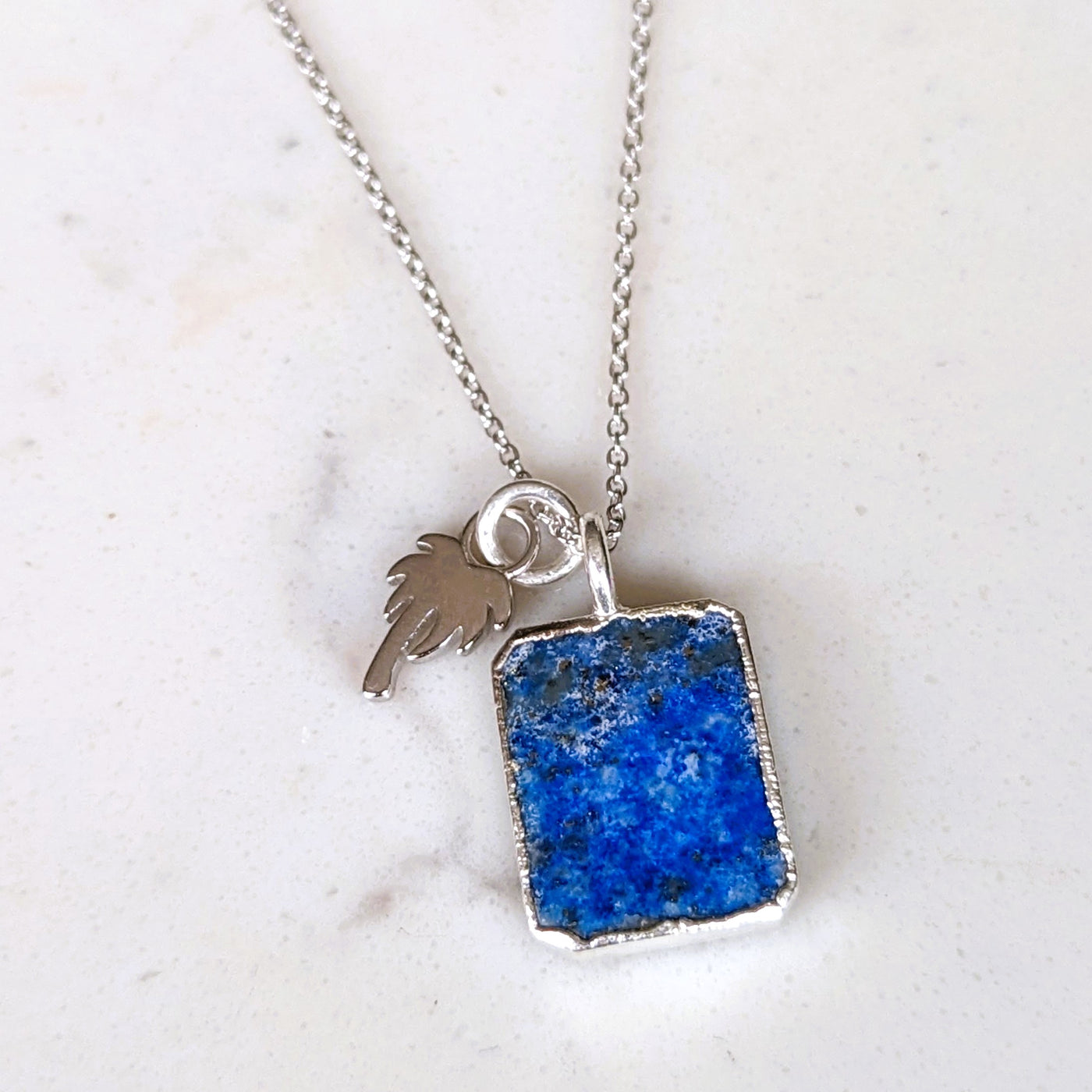sterling silver lapis lazuli and palm tree charm pendant necklace