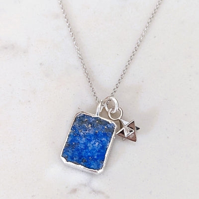 sterling silver lapis lazuli and tetrahedron charm pendant necklace