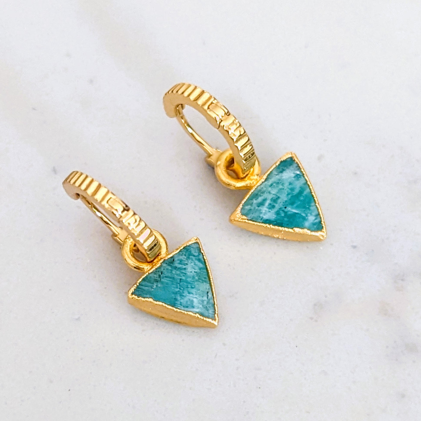 gold plated amazonite gemstone triangle hoop earrings