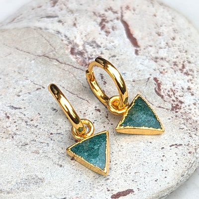 Gold plated green aventurine triangle charm hoop earrings