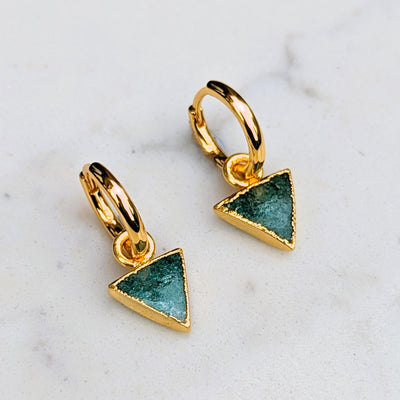 Gold plated green aventurine triangle charm hoop earrings