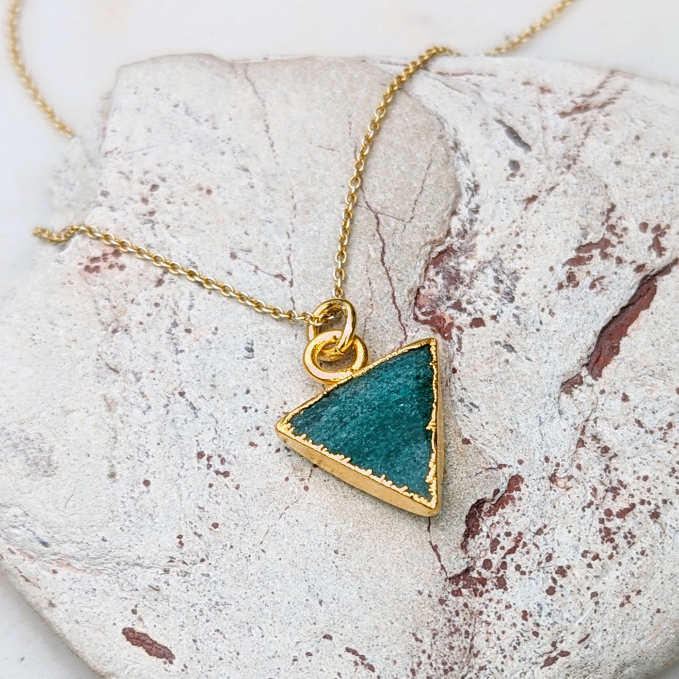 gold plated sterling silver green aventurine triangular charm pendant necklace