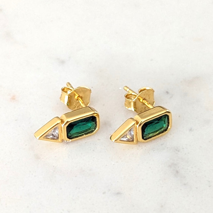 gold plated sterling silver geometric emerald stud earrings