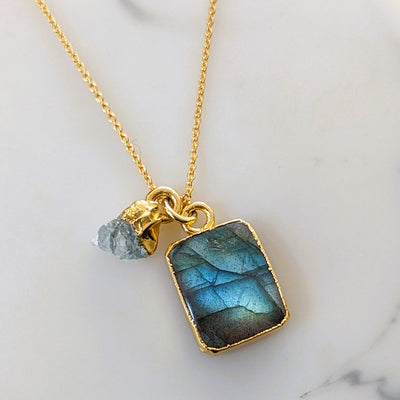 gold labradorite and aquamarine pendant necklace