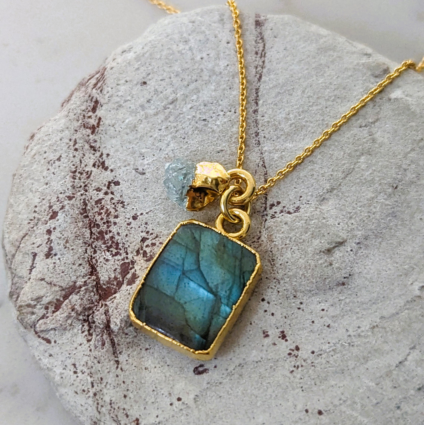 gold labradorite and aquamarine pendant necklace