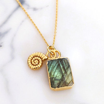gold labradorite and ammonite charm pendant necklace