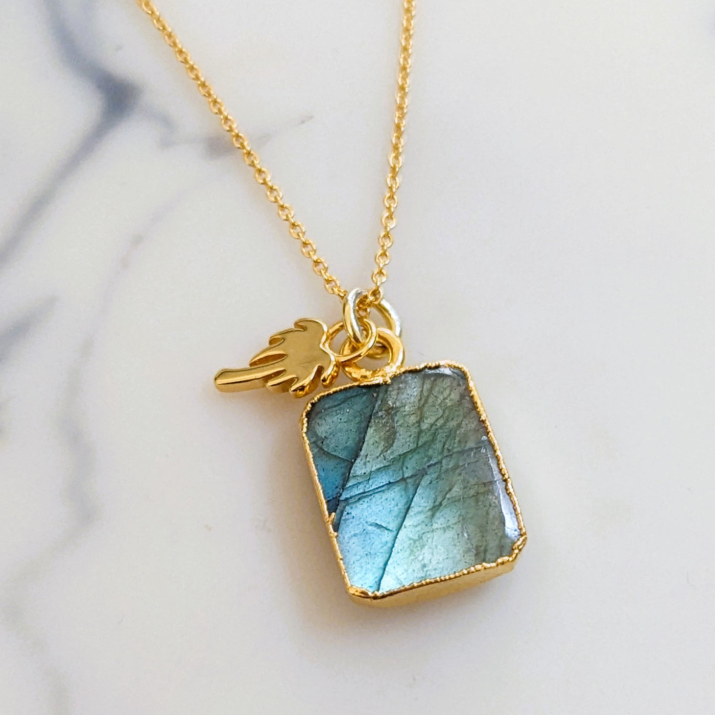 gold labradorite and palm tree charm pendant necklace