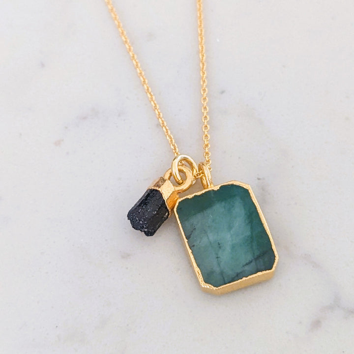 Emerald and black tourmaline gold necklace
