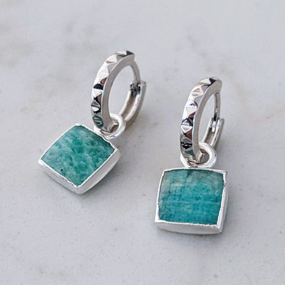 sterling silver amazonite square charm hoop earrings