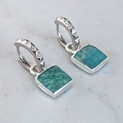sterling silver amazonite square charm hoop earrings