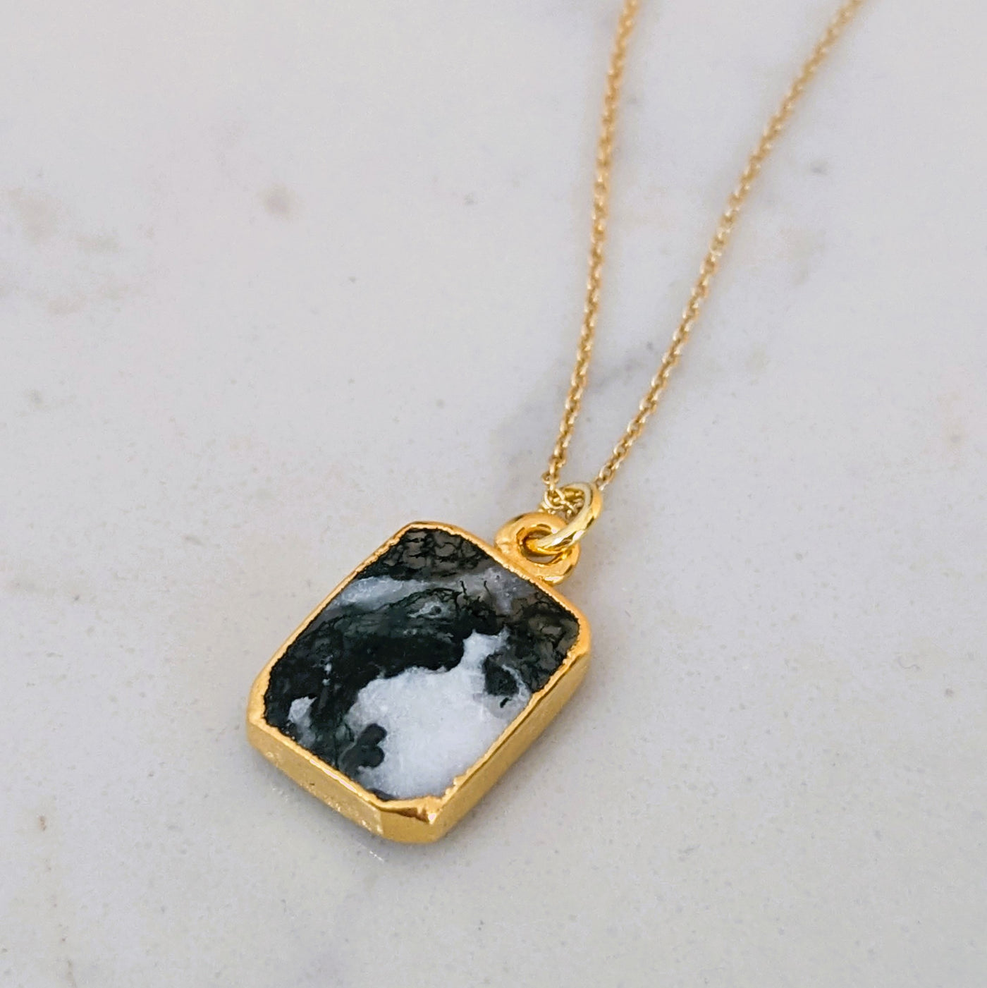 Tree Agate rectangular gold plated sterling silver vermeil pendant necklace