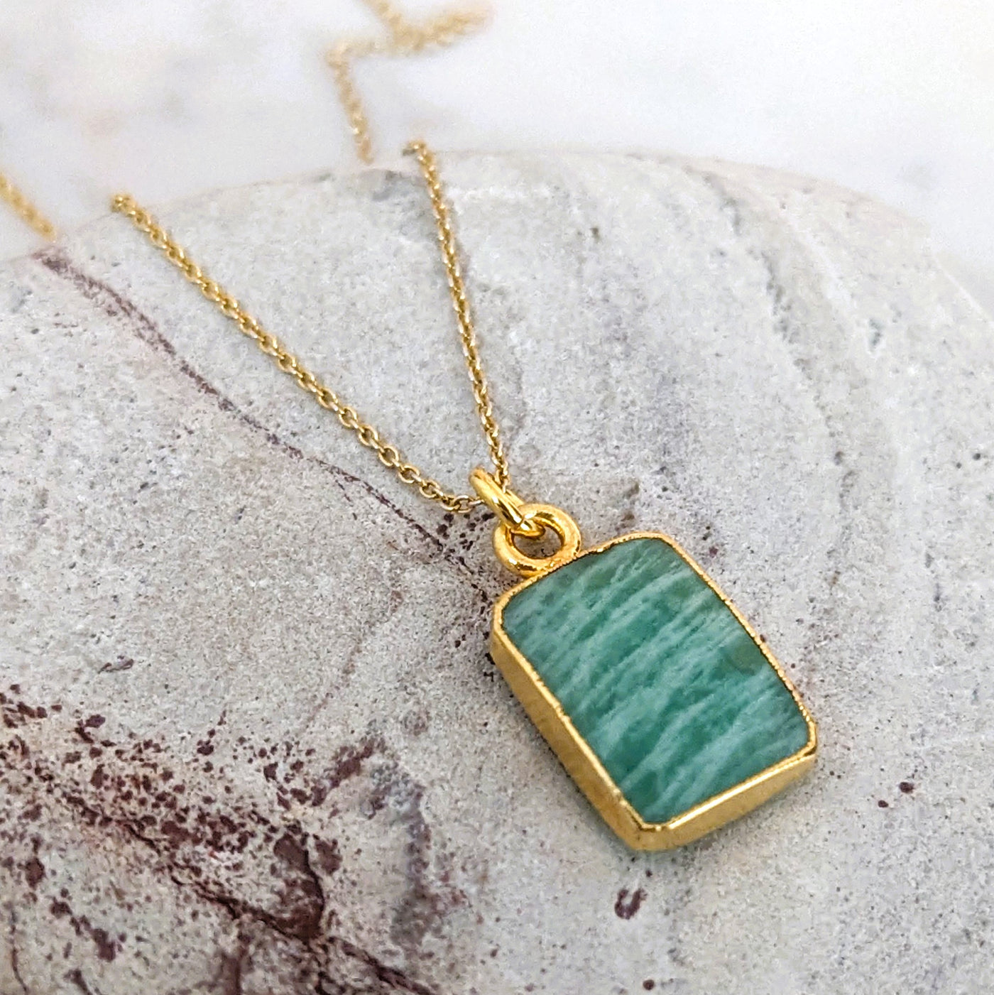 The Rectangle Amazonite Gemstone Necklace - 18ct Gold Plated