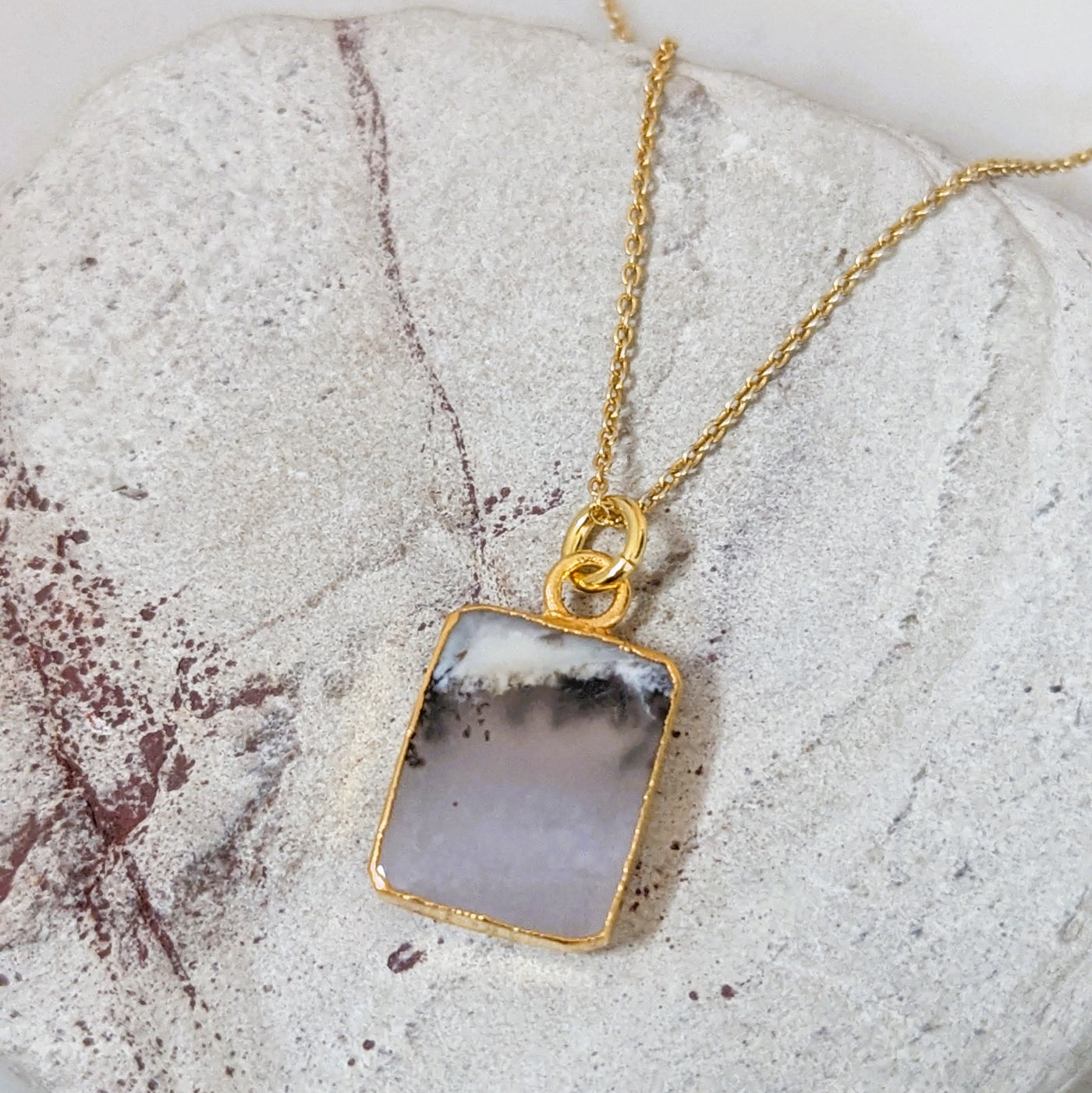 The Rectangle Dendritic Agate Gemstone Necklace - 18ct Gold Plated