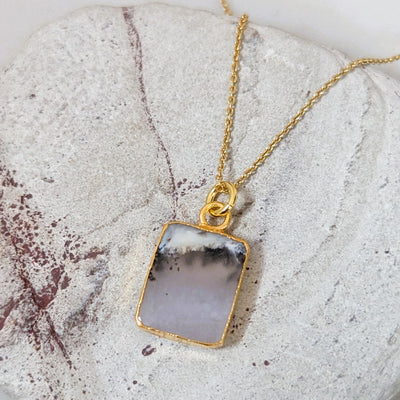 The Rectangle Dendritic Agate Gemstone Necklace - 18ct Gold Plated